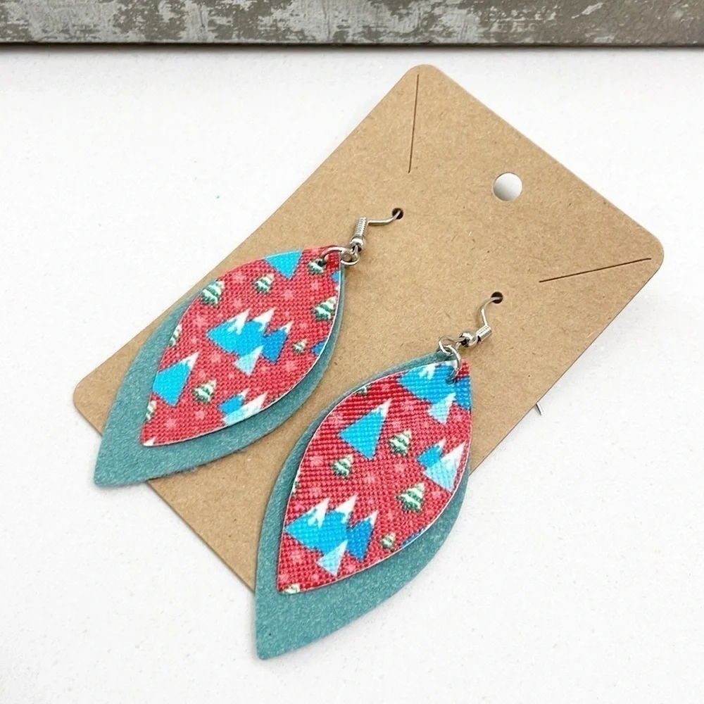 Christmas tree print teardrop hand made earrings